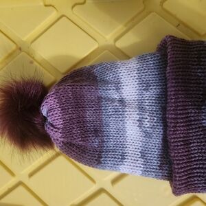New! Hand Knitted Stylish Purple and Gray Knit Pom-Pom Hat